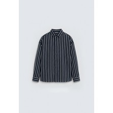 Vamos Çizgili Oversize Gömlek Lacivert