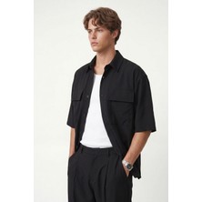 Vamos Oversize Esnek Kumaşlı Cepli Gömlek Siyah