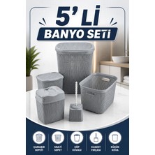 Akyüz Plastik 🧺5 Parça Antrasit Plastik Banyo Seti | Kirli Çamaşır Sepeti, Temiz Çamaşır Sepeti, Deterjan Kutusu,