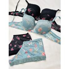 Yalova İç Giyim Kadın Dolgulu Destekli Çiçek Desenli Petrol Yeşili & Siyah 2'li Set Boxer Tip Iç Çamaşır Takımı