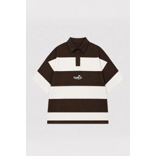 Vamos Oversize Rugby Yaka Çizgili Tişört Kahve