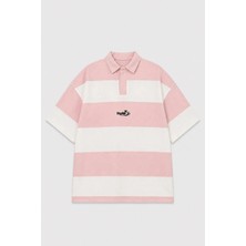 Vamos Oversize Rugby Yaka Çizgili Tişört Pembe