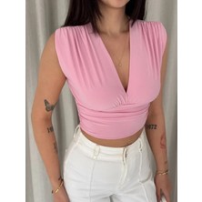 Pazarcan Vatkalı Kolsuz V Yaka Drapeli Crop Bluz Likralı - Pembe