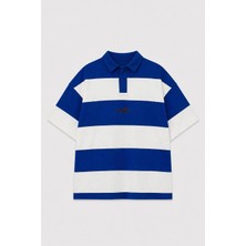 Vamos Oversize Rugby Yaka Çizgili Tişört Saks
