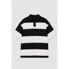 Vamos Oversize Rugby Yaka Çizgili Tişört Siyah