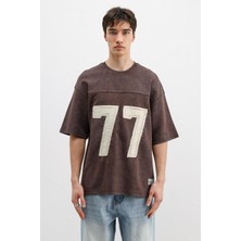 Vamos Numara Baskılı Oversize Tişört Kahve