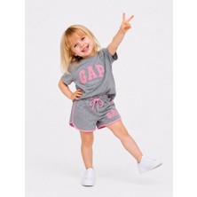 KR Kids Kız Çocuk Gri Pembe Şortlu Takım – Yazlık Pamuklu Ikili Takım Spor Model