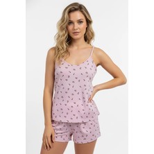 Kompedan Kadın Ip Askılı Yumuşak Dokulu Çiçek Desenli Şortlu Pijama Takım | Pembe 70111-267