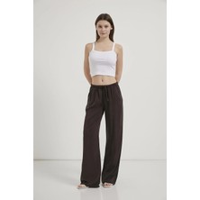 Tena Kadın Kahve Beli Lastik ve Ip Bağlamalı Bol Paça Tencel Pantolon