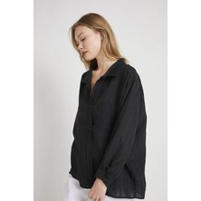 Tena Kadın Siyah 3096 Sim Çizgili Oversize  Uzun Kollu Gömlek