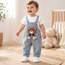 TA&CE Kids Tace Kıds Bebek Kabartma Ayıcık Detaylı Kot Bahçıvan Salopet ve Beyaz Tişört 2'li Takım-6-24 Ay