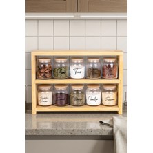 Dolkin Home 3 Katlı Ahşap Stantlı 10'lu Baharatlık Seti 300 ml Cam Kavanoz Şeffaf Etiketli Baharatlık Saklama Kabı Organizer