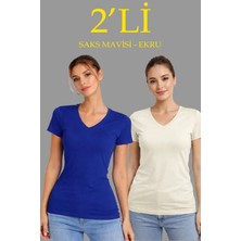 Pazarcan 2li V Yaka Tişört – Kısa Kollu Yazlık Slim Body - Saks Mavisi - Ekru