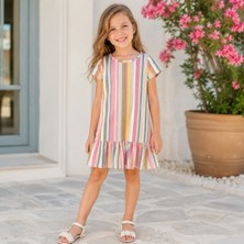TA&CE Kids Tace Kıds Kız Çocuk Renkli Çizgili Fırfırlı Yazlık Pamuklu Günlük Elbise-6-9 Yaş
