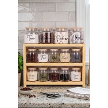 Dolkin Home 3 Katlı Ahşap Stantlı 14'lü Organizer Set - 10'lu 300 ml Baharatlık Seti 4'lü 500 ml Kavanoz Seti Cam Kavanoz Şeffaf Etiketli Baharatlık Saklama Kabı