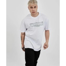 Pazarcan Unisex Bisiklet Yaka Baskılı Oversize T-Shirt - Beyaz