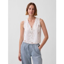 Gap Kadın Beyaz Keten Karışımlı Işlemeli Crop Shell Askılı Bluz