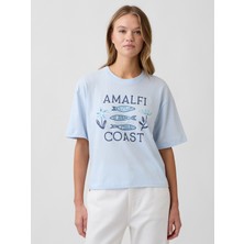 Gap Kadın Açık Mavi Boxy Grafik Baskılı T-Shirt