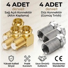 Derwell 2in1 Uydu Konnektör Seti: 4 Adet Altın Kaplama 90 Derece L Konnektör + 4 Adet Gümüş Tırtıklı F Konnektör - Yüksek Sinyal Kaliteli Vidalı Bağlantı Seti - Kolay Montaj - Uzun Ömürlü Dayanıklı Tasarım