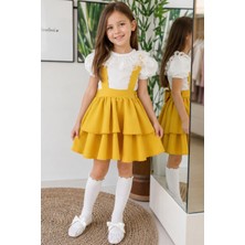 Parla Kids Kız Çocuk Helen Sarı Askılı Jile 23 Nisan 29 Ekim Gösteri Kıyafeti Elbise Ekru Dantel Kısa Kollu Bluz Abiye Takım