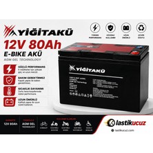 Yiğit Akü 12 Volt  80 Amper (80AH) Elekrikli Bisiklet Aküsü 2026 Üretim Jel Akü  Ebatlar: 224X120X181MM