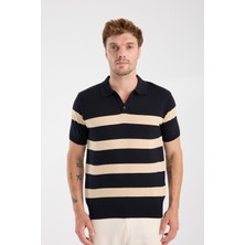 A Club Aclub Bravo Örme Kumaş Viskon Karışımlı Slim Fit Lacivert Polo Yaka Erkek Çizgili Polo Shirt