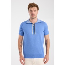 A Club Aclub Foxtrot Örme Kumaş Viskon Karışımlı Slim Fit Mavi Dik Yaka Erkek Düz Polo Shirt