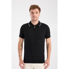 A Club Aclub Sierra Örme Kumaş Viskon Karışımlı Slim Fit Siyah Polo Yaka Erkek Düz Polo Shirt