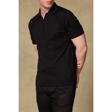 Abbate Mono Triko Polo Kaşmir Karışımlı Modern Fit Siyah Polo Yaka Erkek Düz Polo Shirt
