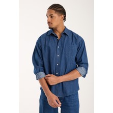 Bb Club Rio Denim Pamuklu Oversize Fit Lacivert Klasik Yaka Erkek Düz Gömlek