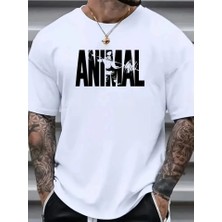Pazarcan Baskılı Oversize Bisiklet Yaka T-Shirt - Beyaz