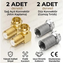 Derwell 4'lü Uydu Konnektör Seti: 2 Adet Altın Kaplama Sağ Açılı L Konnektör + 2 Adet Gümüş Tırtıklı F Konnektör - Yüksek Sinyal Kaliteli Vidalı Bağlantı Seti - Kolay Montaj - Uzun Ömürlü Dayanıklı Tasarım