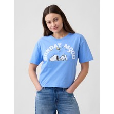 Gap Kadın Açık Mavi Peanuts Oversized Grafik Baskılı T-Shirt