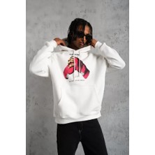 Pazarcan Erkek Eldiven Baskılı Kapüşonlu Sweat - Beyaz