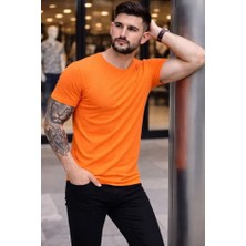 Pazarcan Erkek T-Shirt Bisiklet Yaka Slim Dar Kesim Likralı Tişört Günlük Body - Turuncu