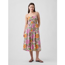Gap Kadın Çok Renkli Smocked Tie-Front Midi Elbise
