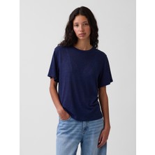 Gap Kadın Lacivert Keten Karışımlı Relaxed T-Shirt