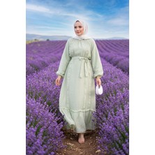 Lab Fırfırlı Kuşaklı Tesettür Elbise Mint