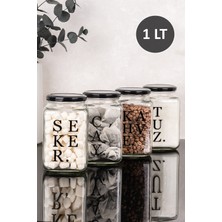 Dolkin Home 4'lü 1 Litre Dekoratif Cam Kavanoz Seti Çay Şeker Kahve Tuz Etiketli Metal Kapaklı Erzak Saklama Kabı