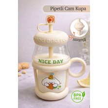 Naturelove Pipetli Cam Kupa Bardak - Süzgeçli Borosilikat Detoks Matarası - Tasarım Kapaklı Suluk