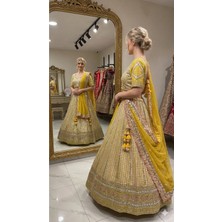 Aashiv's Collection Gelinlik Hint Lehenga Choli Takımı Sarı Işlemeli