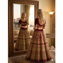 Aashiv's Collection Gelinlik Hint Lehenga Choli Takımı Bordo Işlemeli