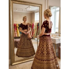 Aashiv's Collection Gelinlik Hint Lehenga Choli Takımı Bordo Işlemeli