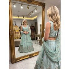 Aashiv's Collection Gelinlik Hint Lehenga Choli Takımı Turkuaz Işlemeli