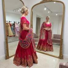 Aashiv's Collection Gelinlik Hint Lehenga Choli Takımı Kırmızı Işlemeli