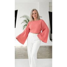 Byemelika Kayık Yaka, Ispanyol Kol, Bürümcük, Lucia Crop Bluz (Şeker Pembe)