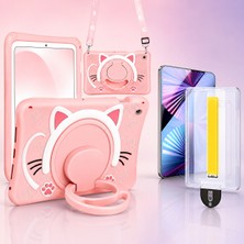 Five-E Apple iPad 7/8/9. Nesil 10.2 Inc Kedi Figürlü Askılı Çocuk Tablet Kılıfı ve Kolay Uygulama Aparatlı Temperli Cam