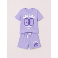 Yiğit Butik Kız Çocuk New York 80 Baskılı Şortlu Yazlık 2’li Takım