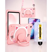 Five-E Samsung Galaxy Tab A9 Plus / A11 Plus (11INC) Kedi Figürlü Askılı Çocuk Tablet Kılıfı ve Kolay Uygulama Aparatlı Temperli Cam