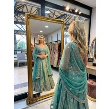 Aashiv's Collection Gelinlik Hint Lehenga Choli Takımı Turkuaz Işlemeli